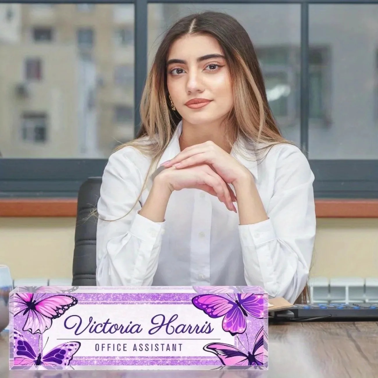 Custom Text Purple Butterfly A - Desk Name Plate 评论和价格
